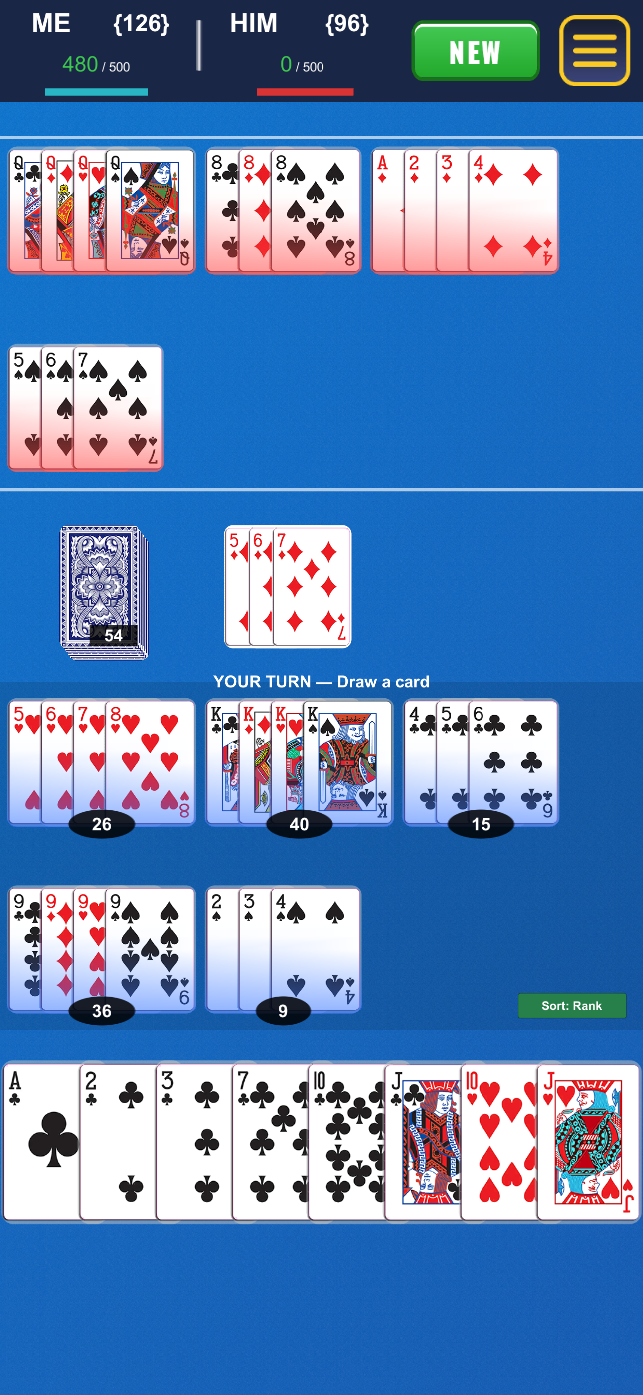 Full table view — melds, player hand, and live scoreboard